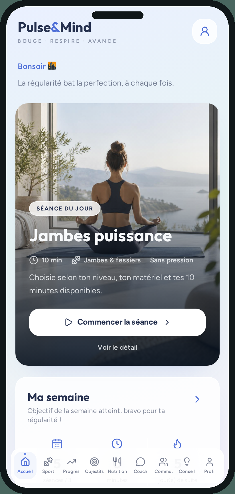 Aperçu réel de l’application Pulse&Mind : l’accueil avec l’humeur du jour et la séance recommandée