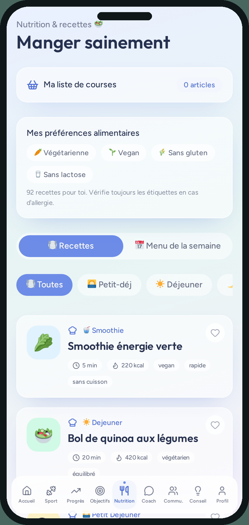 Capture réelle de l’application : La nutrition