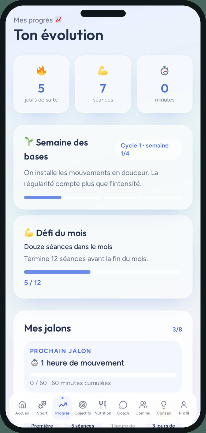 Capture réelle de l’application : Tes progrès